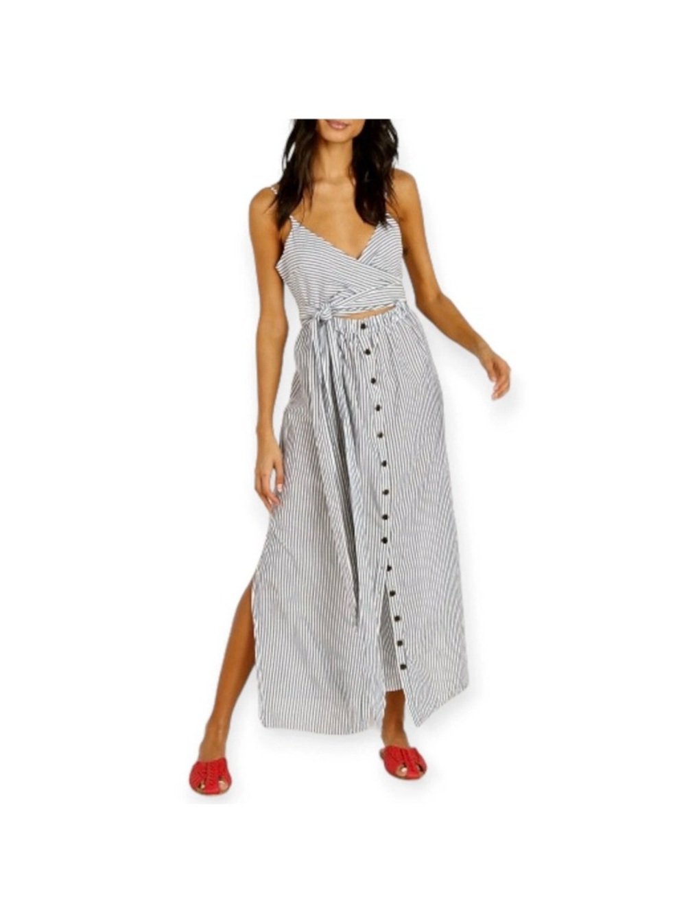 Mara Hoffman White and Navy Striped Wrap Maxi Dress